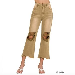 Zenana Outfitters Light Camel Distressed Cropped Flared Jeans